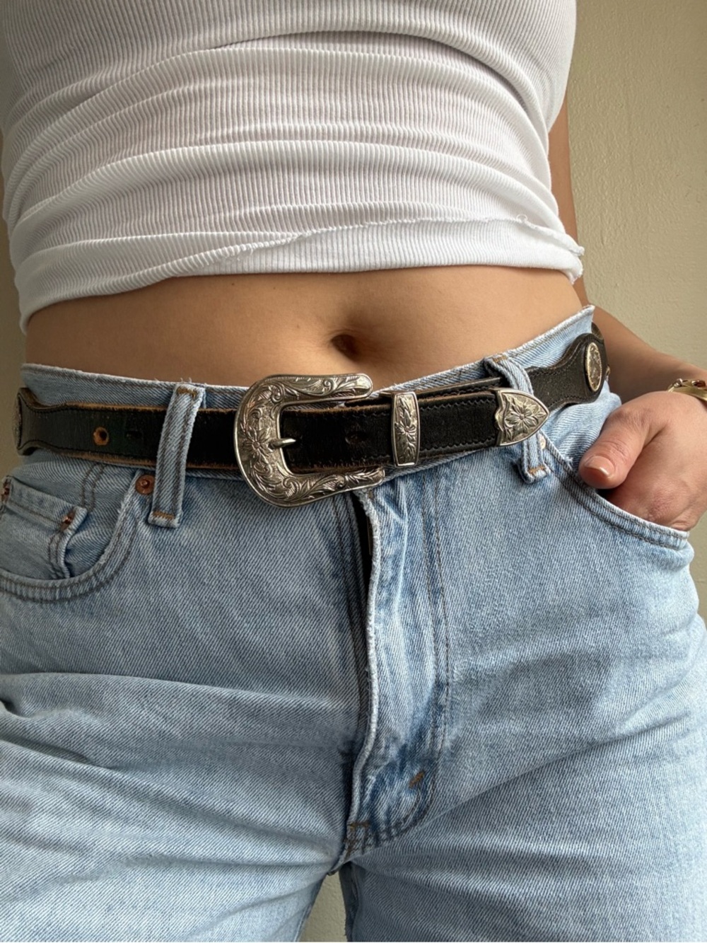 Black Western Leather Belt with Engraved Silver Buckle